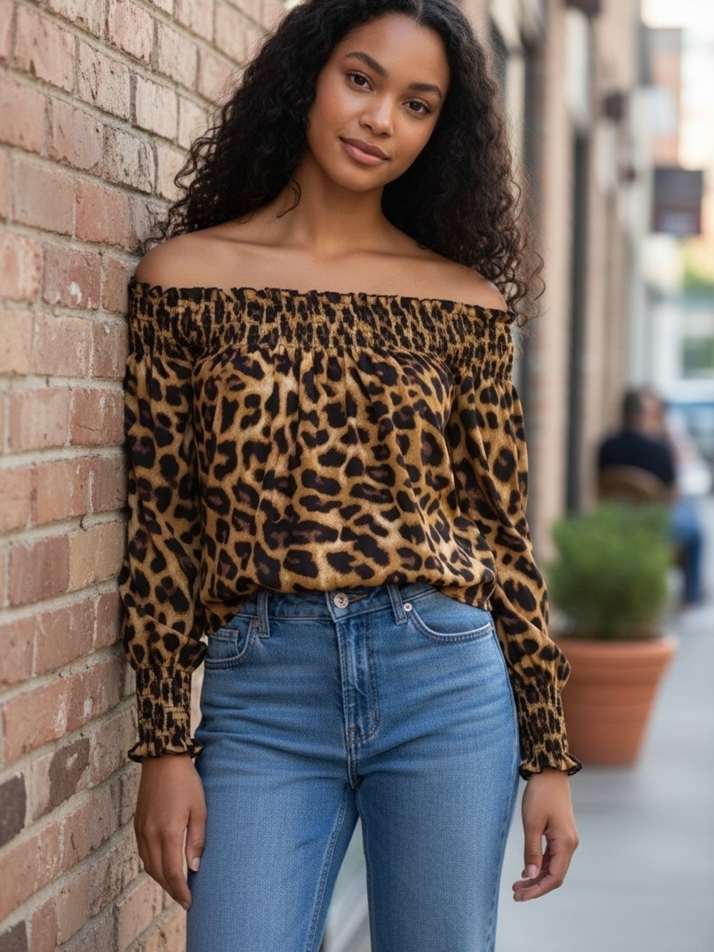 Off-the-Shoulder Leopard Print Tunic Top - Brown
